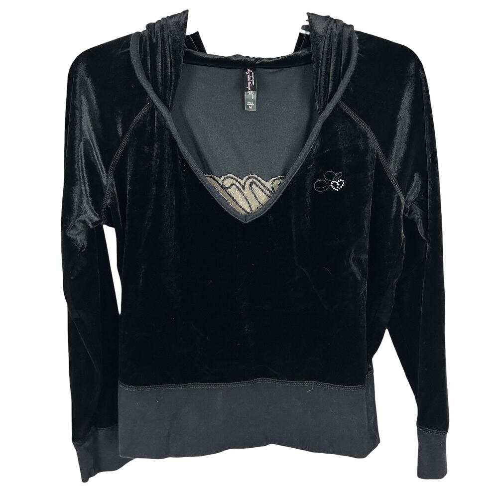 Victoria's Secret Y2K Sexy Little Things Sexy Lace Cut Out Black Velour Hoodie M - Picture 4 of 8